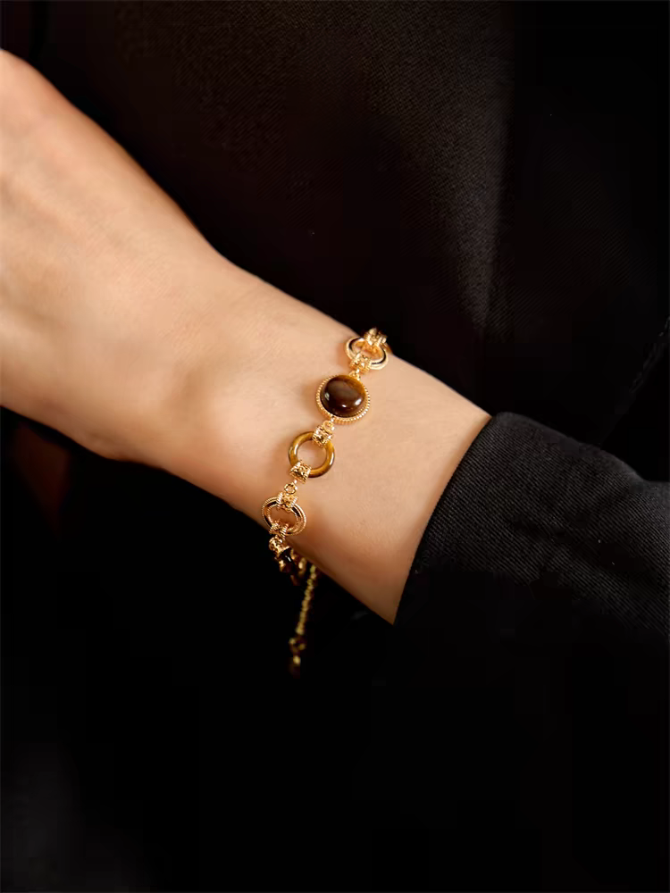 Kemstone Handcrafted Original Design Luminous Tiger's Eye Bracelet - Vintage Design, 925 Sterling Silver with Gold Plating, Adjustable 140mm-180mm