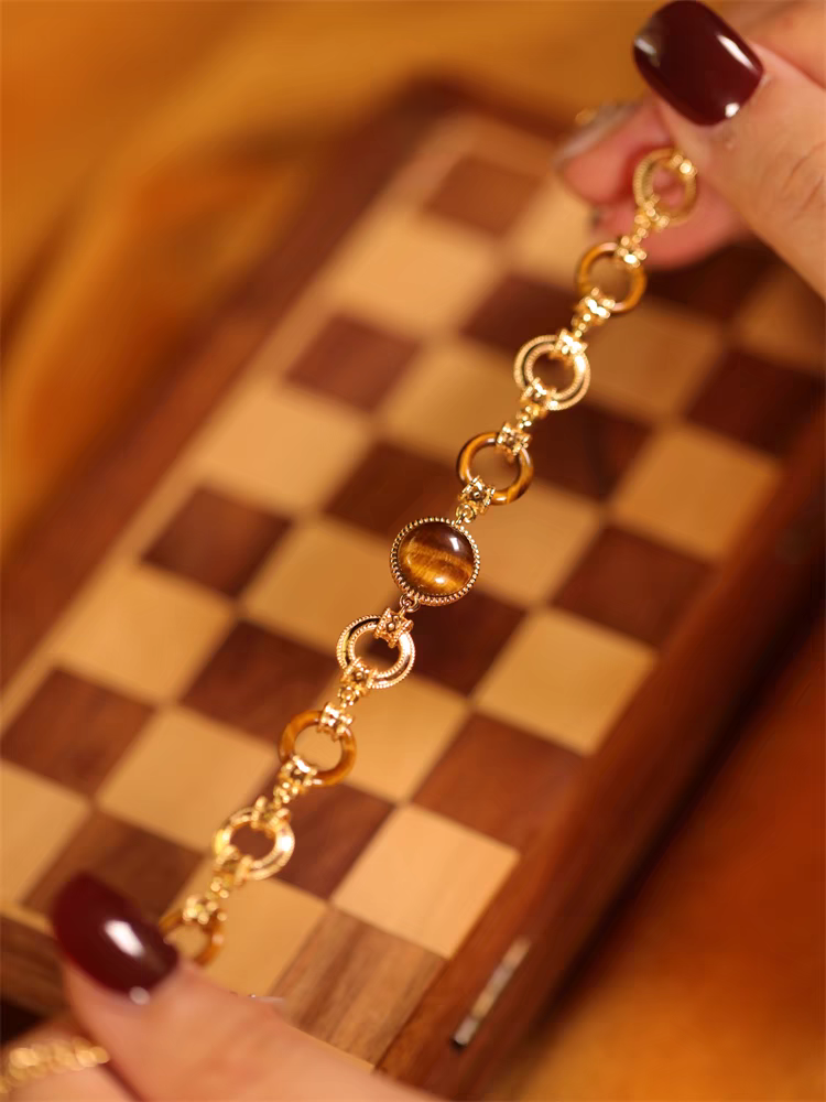 Kemstone Handcrafted Original Design Luminous Tiger's Eye Bracelet - Vintage Design, 925 Sterling Silver with Gold Plating, Adjustable 140mm-180mm