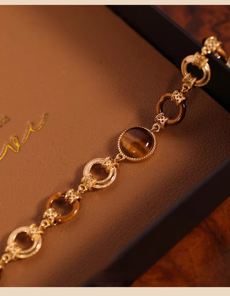 Kemstone Handcrafted Original Design Luminous Tiger's Eye Bracelet - Vintage Design, 925 Sterling Silver with Gold Plating, Adjustable 140mm-180mm