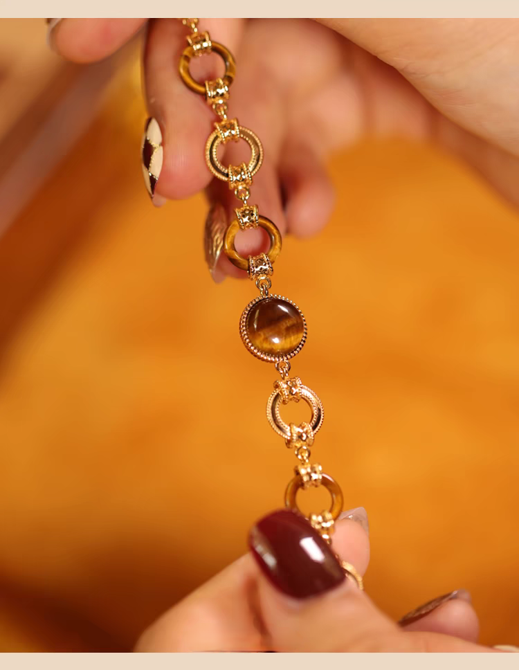 Kemstone Handcrafted Original Design Luminous Tiger's Eye Bracelet - Vintage Design, 925 Sterling Silver with Gold Plating, Adjustable 140mm-180mm