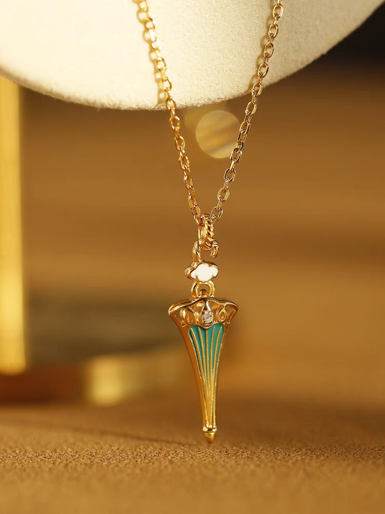 Kemstone Handcrafted Original Design "Rain Walker" Vintage Umbrella Necklace – 18" Gold-Plated 925 Sterling Silver with Enamel & Cubic Zirconia