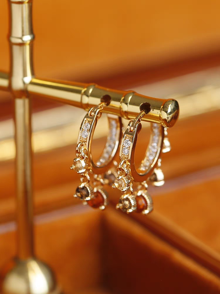 Kemstone Handcrafted Original Design "Sunset Ferris Wheel" Citrine & Fanta Quartz Hoop Earrings - Original Design, 925 Sterling Silver, Gold-Plated, 24mm x 20mm