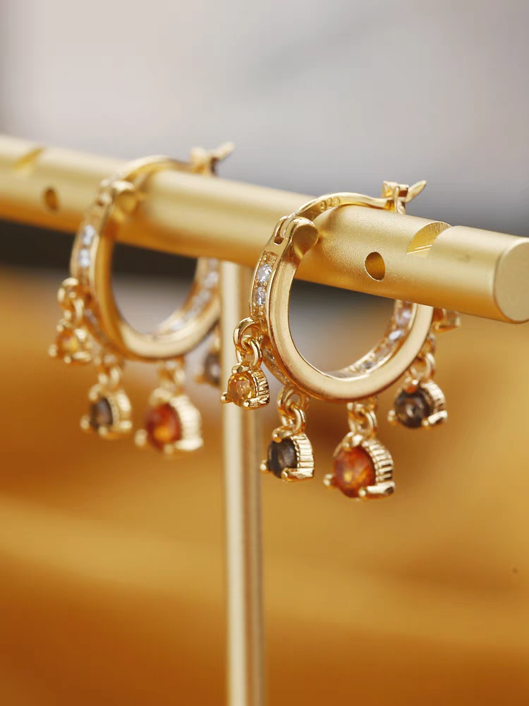 Kemstone Handcrafted Original Design "Sunset Ferris Wheel" Citrine & Fanta Quartz Hoop Earrings - Original Design, 925 Sterling Silver, Gold-Plated, 24mm x 20mm