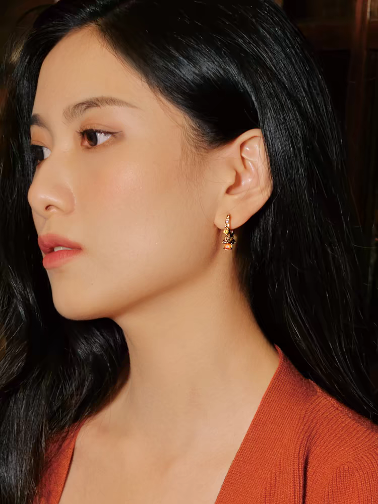 Kemstone Handcrafted Original Design "Sunset Ferris Wheel" Citrine & Fanta Quartz Hoop Earrings - Original Design, 925 Sterling Silver, Gold-Plated, 24mm x 20mm