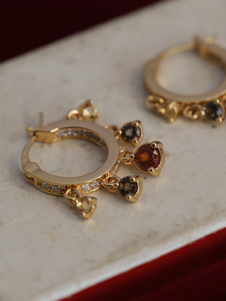 Kemstone Handcrafted Original Design "Sunset Ferris Wheel" Citrine & Fanta Quartz Hoop Earrings - Original Design, 925 Sterling Silver, Gold-Plated, 24mm x 20mm