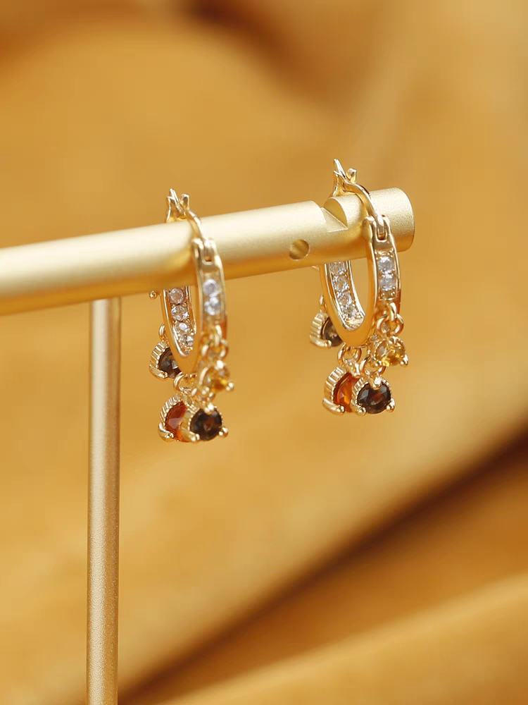 Kemstone Handcrafted Original Design "Sunset Ferris Wheel" Citrine & Fanta Quartz Hoop Earrings - Original Design, 925 Sterling Silver, Gold-Plated, 24mm x 20mm