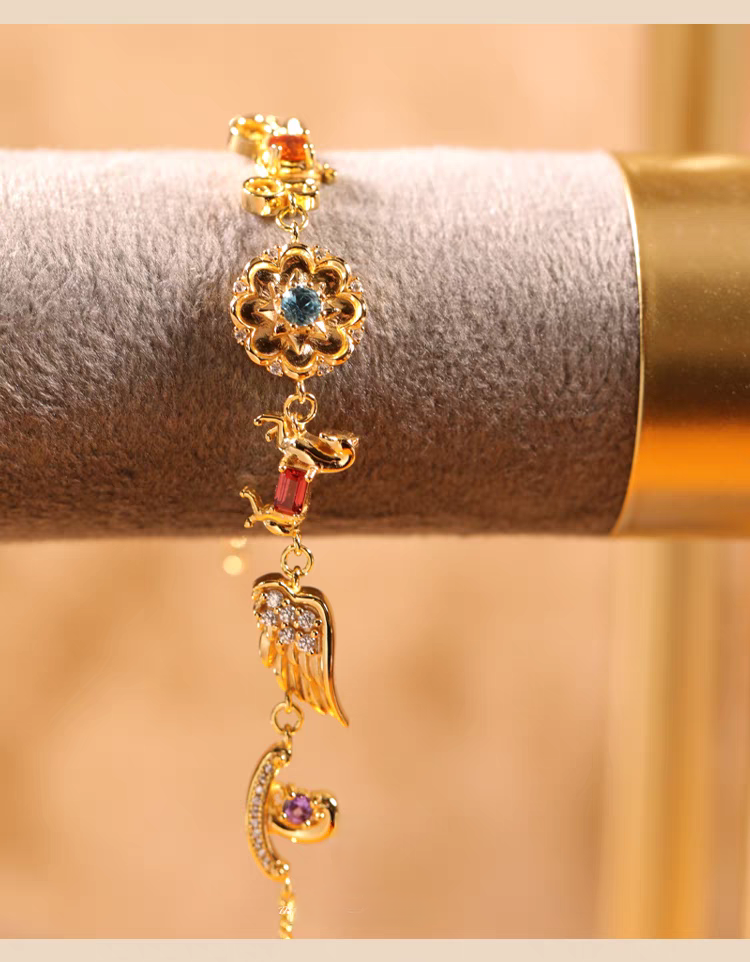 Kemstone Handcrafted Original Design Carrousel Bracelet - Vintage Sterling Silver Bracelet with Genuine Gemstones: Diopside, Fanta Garnet, Swiss Blue Topaz, Garnet, Amethyst, White Zircon, Cubic Zirconia - Romantic, Healing Gift for Women