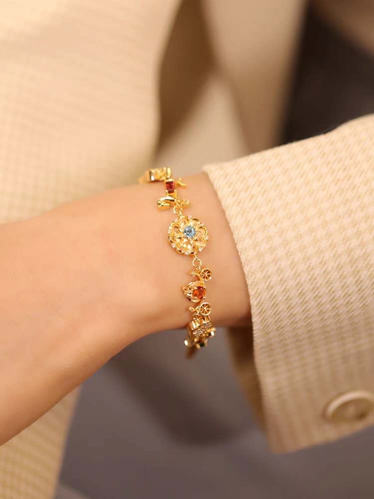 Kemstone Handcrafted Original Design Carrousel Bracelet - Vintage Sterling Silver Bracelet with Genuine Gemstones: Diopside, Fanta Garnet, Swiss Blue Topaz, Garnet, Amethyst, White Zircon, Cubic Zirconia - Romantic, Healing Gift for Women