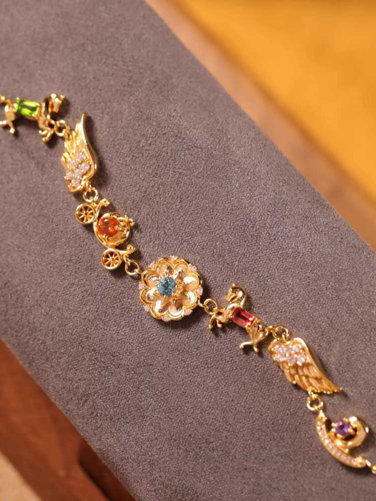 Kemstone Handcrafted Original Design Carrousel Bracelet - Vintage Sterling Silver Bracelet with Genuine Gemstones: Diopside, Fanta Garnet, Swiss Blue Topaz, Garnet, Amethyst, White Zircon, Cubic Zirconia - Romantic, Healing Gift for Women