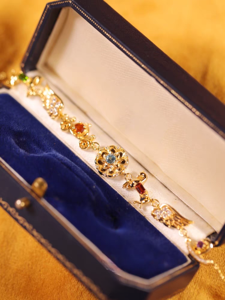 Kemstone Handcrafted Original Design Carrousel Bracelet - Vintage Sterling Silver Bracelet with Genuine Gemstones: Diopside, Fanta Garnet, Swiss Blue Topaz, Garnet, Amethyst, White Zircon, Cubic Zirconia - Romantic, Healing Gift for Women