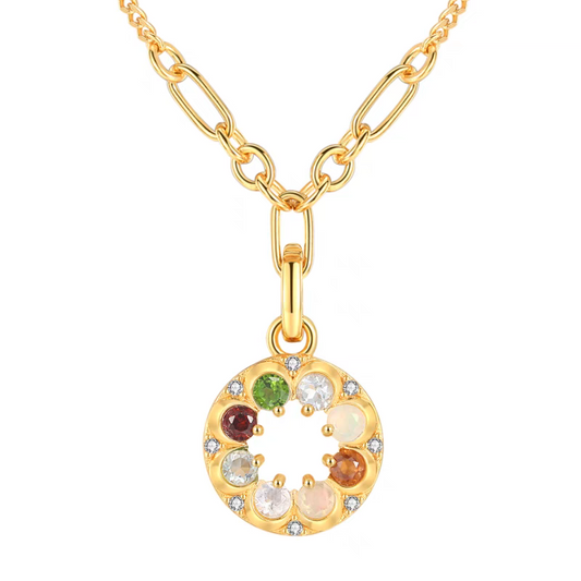 Collar "BOSOM FRD" de diseño original artesanal de Kemstone. Colgante de moneda vintage, plata de ley chapada en oro de 45 cm, con dije de luna y estrella y mensaje oculto con gema. 7 gemas, incluyendo berilo, ópalo y granate rubí.