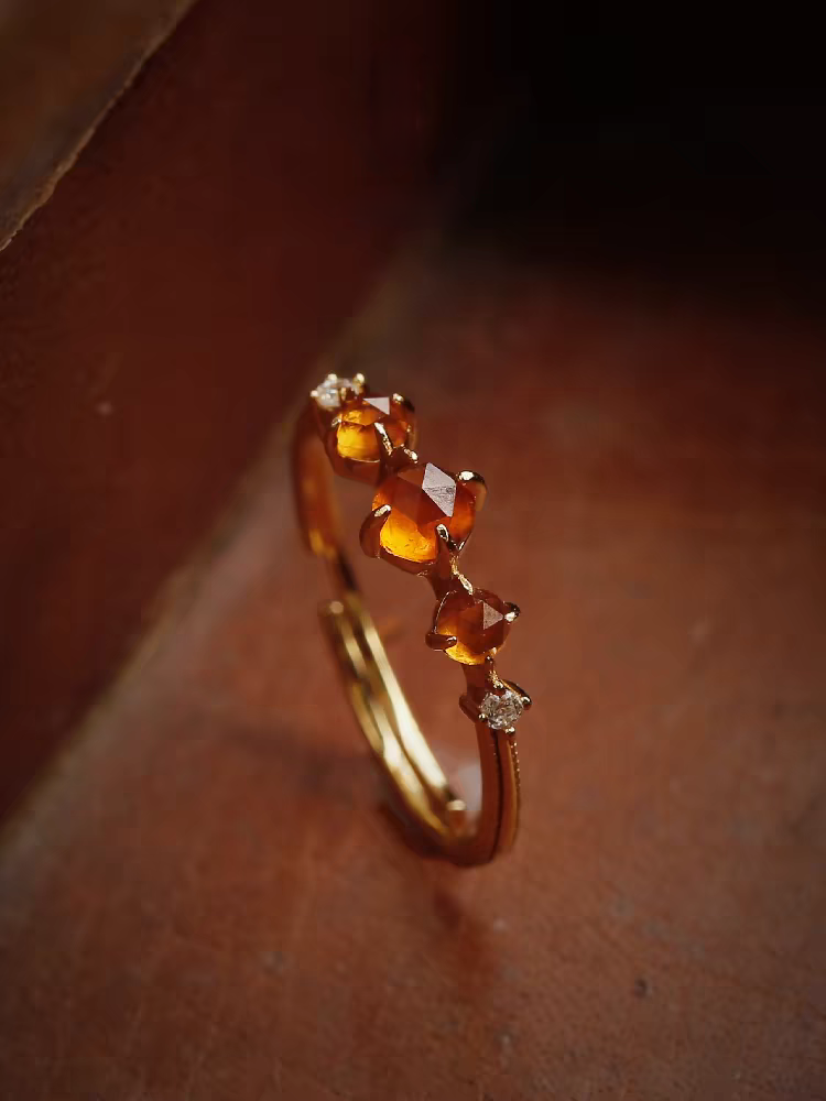 Orange Garnet Ring – Adjustable Vintage 925 Silver Gold-Plated Band | Kemstone "Phantom Sun"