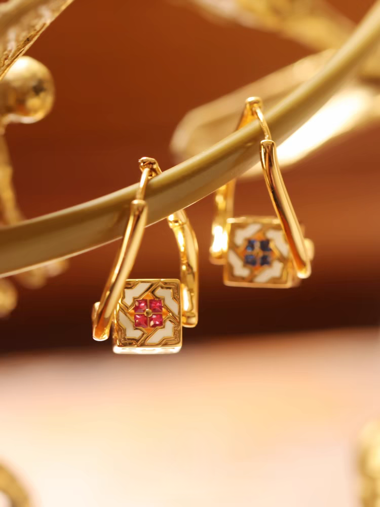 Kemstone Handcrafted Original Design Culaccino Asymmetrical Enamel Square Earrings – 925 Silver Vintage-Inspired Studs with Cubic Zirconia