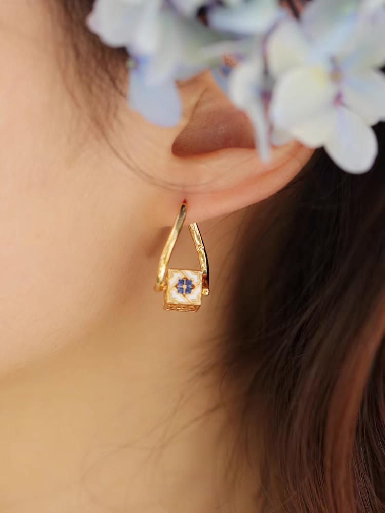 Kemstone Handcrafted Original Design Culaccino Asymmetrical Enamel Square Earrings – 925 Silver Vintage-Inspired Studs with Cubic Zirconia