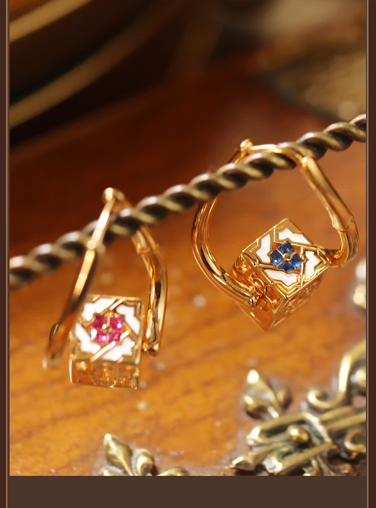 Kemstone Handcrafted Original Design Culaccino Asymmetrical Enamel Square Earrings – 925 Silver Vintage-Inspired Studs with Cubic Zirconia