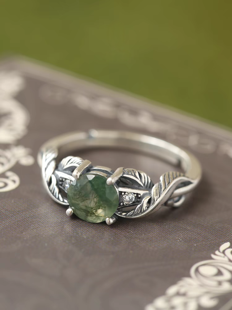 Anello fantasma Watergrass dal design originale e artigianale Kemstone - Argento Sterling 925, Agata muschiata, Anello aperto regolabile vintage