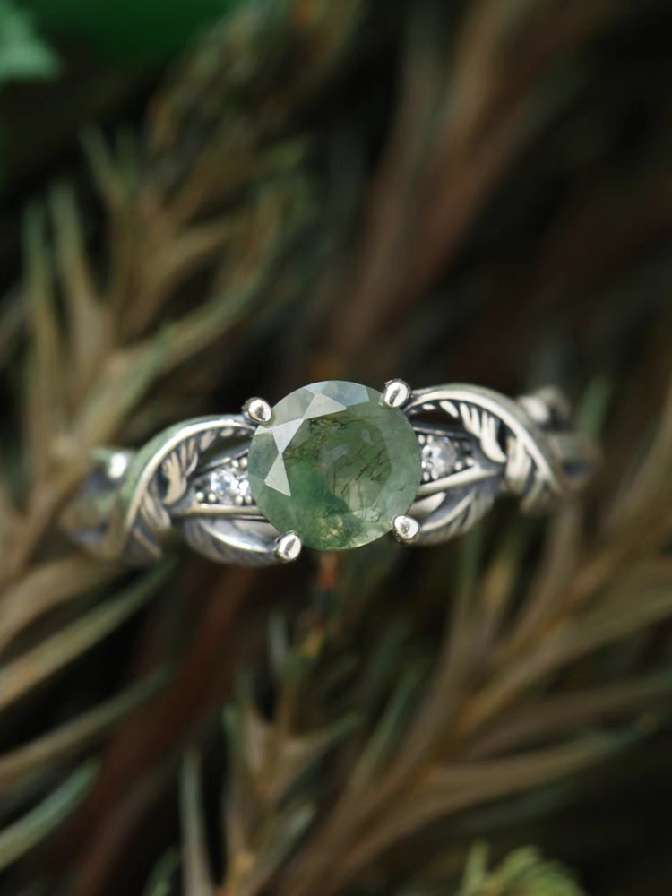 Anello fantasma Watergrass dal design originale e artigianale Kemstone - Argento Sterling 925, Agata muschiata, Anello aperto regolabile vintage