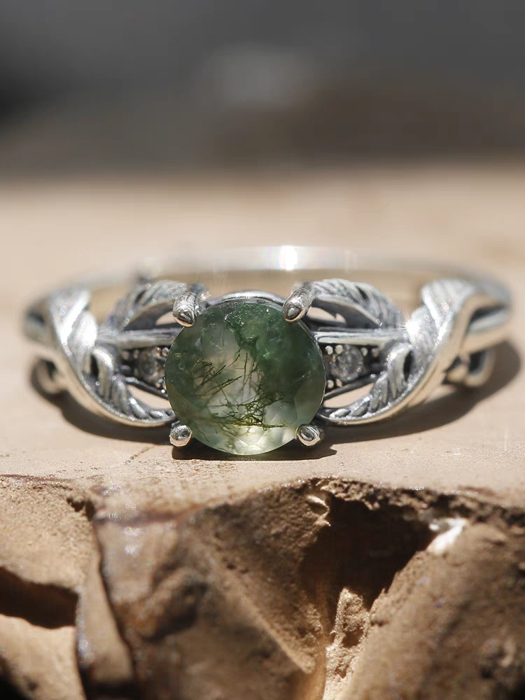 Anello fantasma Watergrass dal design originale e artigianale Kemstone - Argento Sterling 925, Agata muschiata, Anello aperto regolabile vintage