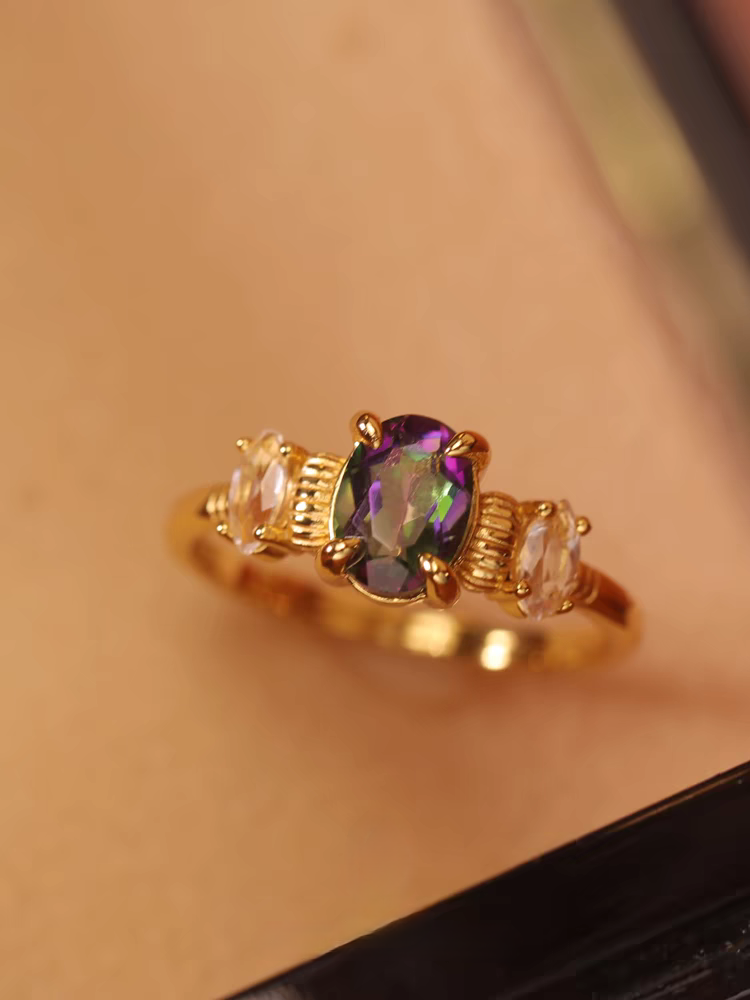 Kemstone Handcrafted Original Design Proust Ring: Vintage-Style Perfume Bottle Design with Rainbow Topaz and White Topaz, Adjustable 925 Silver Ring