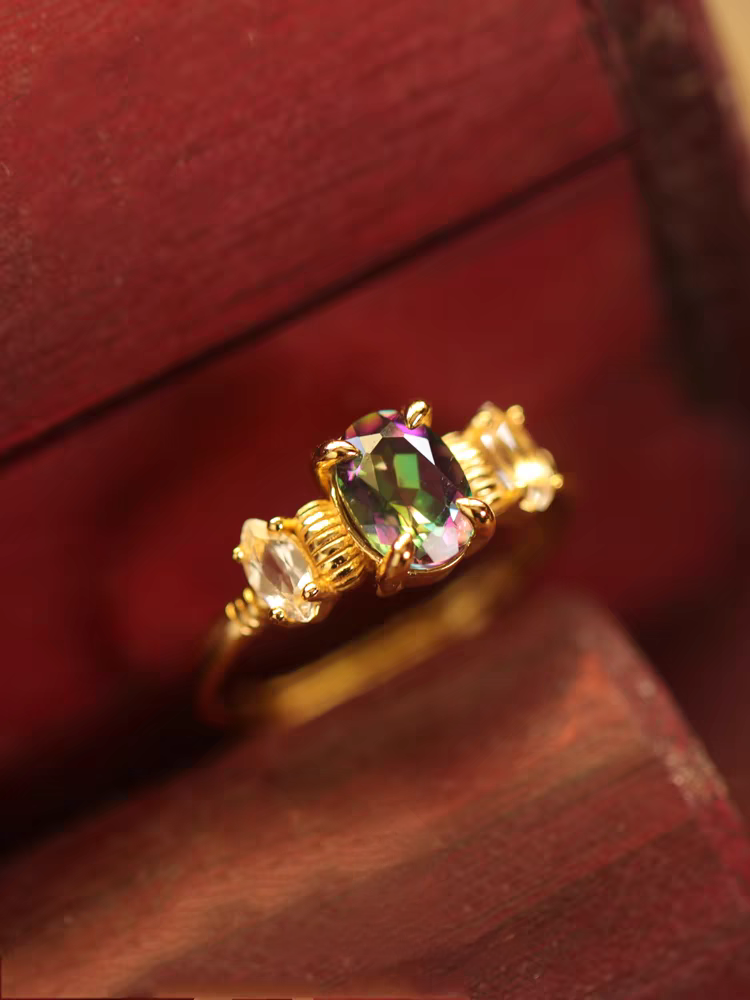 Kemstone Handcrafted Original Design Proust Ring: Vintage-Style Perfume Bottle Design with Rainbow Topaz and White Topaz, Adjustable 925 Silver Ring