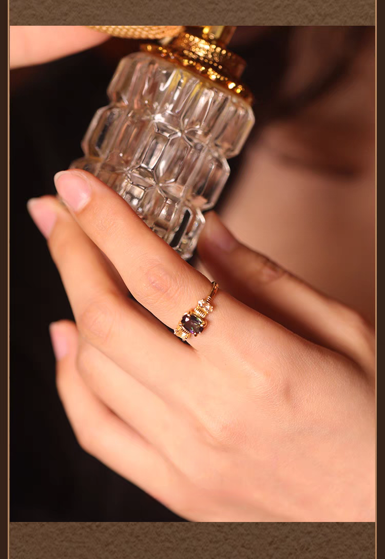 Kemstone Handcrafted Original Design Proust Ring: Vintage-Style Perfume Bottle Design with Rainbow Topaz and White Topaz, Adjustable 925 Silver Ring