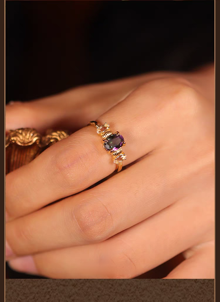 Kemstone Handcrafted Original Design Proust Ring: Vintage-Style Perfume Bottle Design with Rainbow Topaz and White Topaz, Adjustable 925 Silver Ring