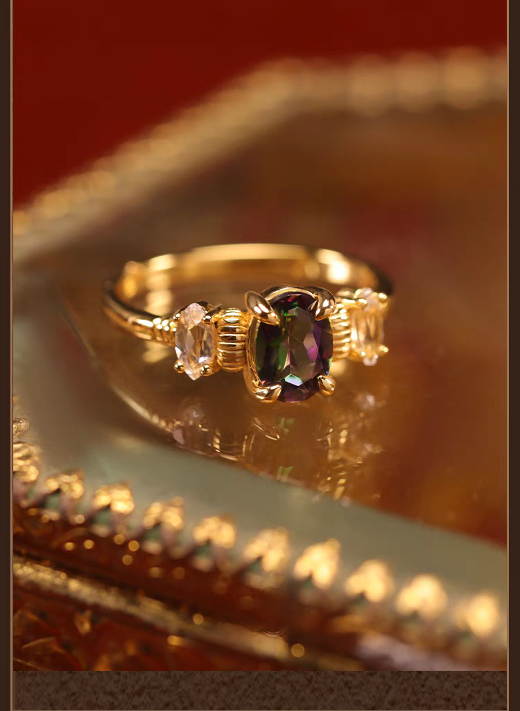 Kemstone Handcrafted Original Design Proust Ring: Vintage-Style Perfume Bottle Design with Rainbow Topaz and White Topaz, Adjustable 925 Silver Ring