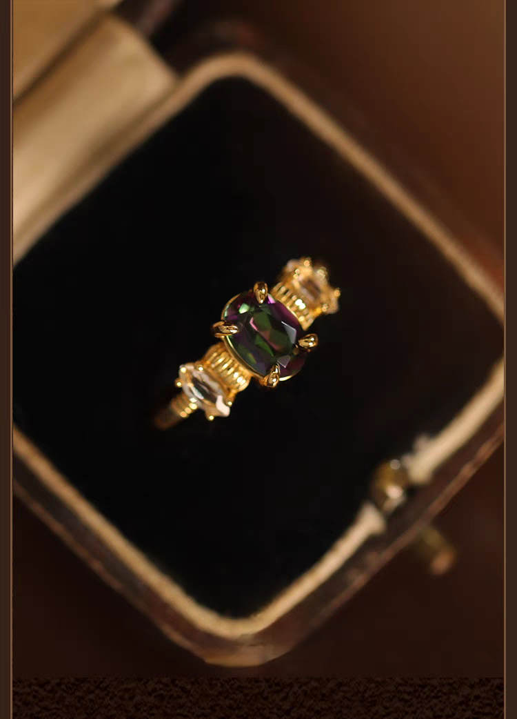 Kemstone Handcrafted Original Design Proust Ring: Vintage-Style Perfume Bottle Design with Rainbow Topaz and White Topaz, Adjustable 925 Silver Ring
