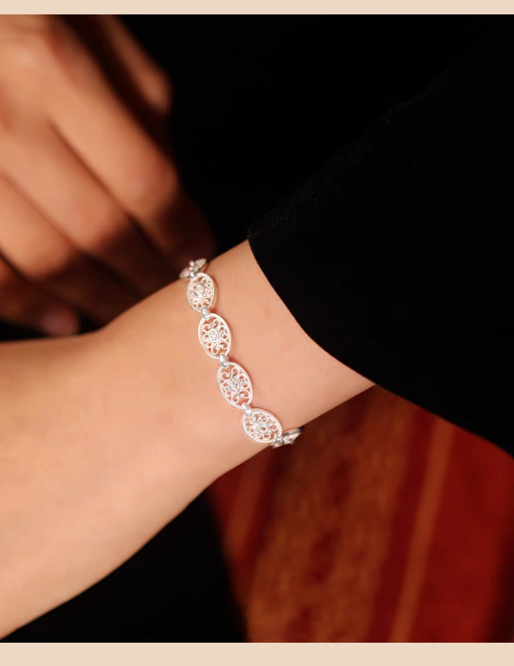 Pulsera de encaje ligero tejida a mano con diseño original de Kemstone - Plata de ley 925, diseño geométrico hueco vintage