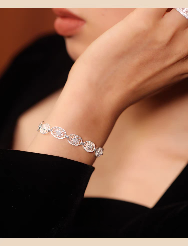Pulsera de encaje ligero tejida a mano con diseño original de Kemstone - Plata de ley 925, diseño geométrico hueco vintage