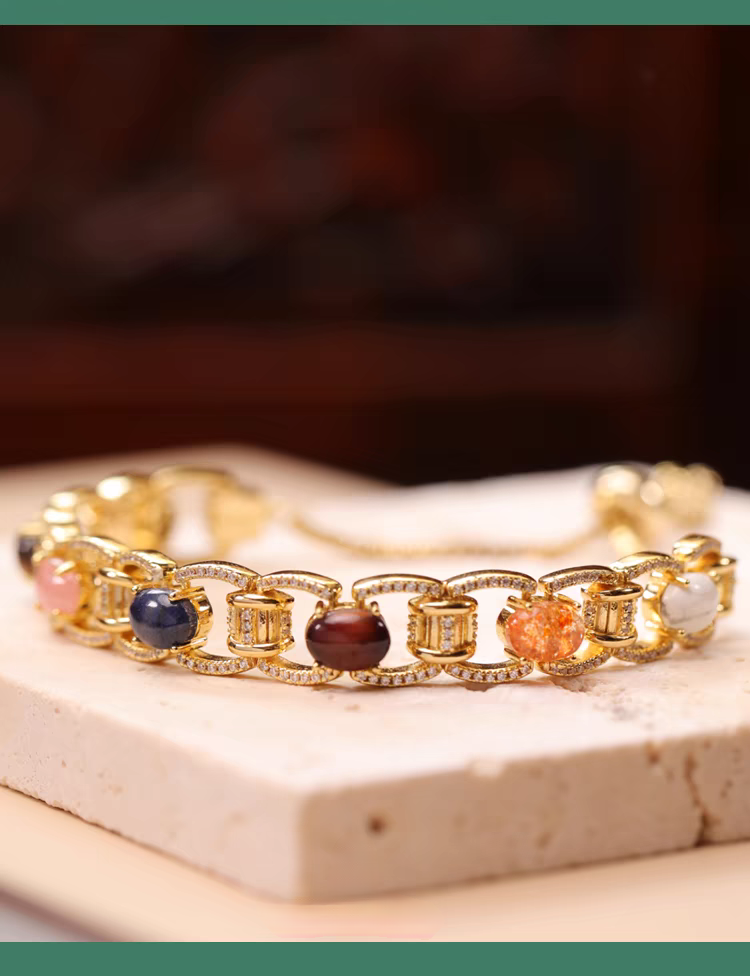 Bracciale Kemstone artigianale con design originale e risonanza di pietre preziose - Bracciale di lusso in argento sterling vintage con pietre naturali