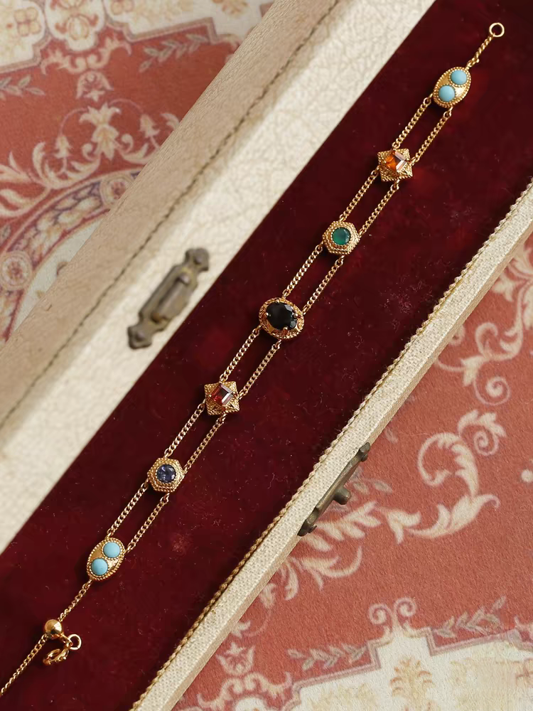 Pulsera de doble capa con múltiples gemas, estilo occidental, hecha a mano por Kemstone, diseño original, plata de ley 925, chapada en oro, ajustable.