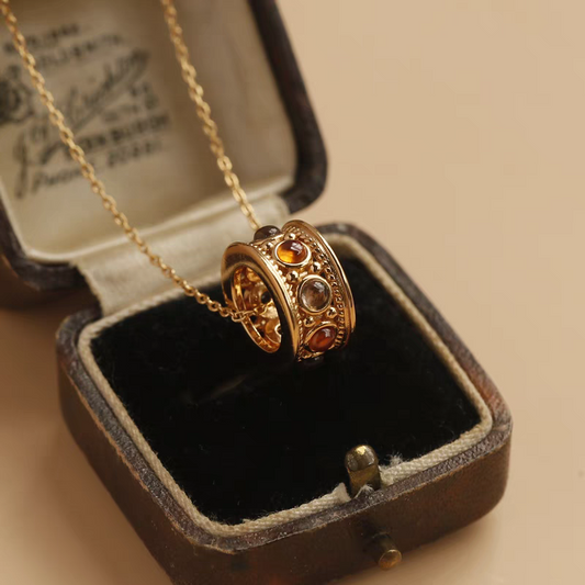 Kemstone Handcrafted Original Design Sunset Ferris Wheel Necklace – 925 Sterling Silver, Spessartite Garnet, Smoky Quartz Pendant with Gold-Plated Finish, Vintage-Inspired Gift