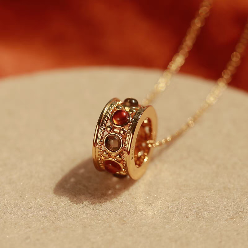 Kemstone Sunset Ferris Wheel Necklace – Spessartite Garnet & Smoky Quartz Pendant in Gold-Plated 925 Sterling Silver, Romantic Sunset-Inspired Jewelry