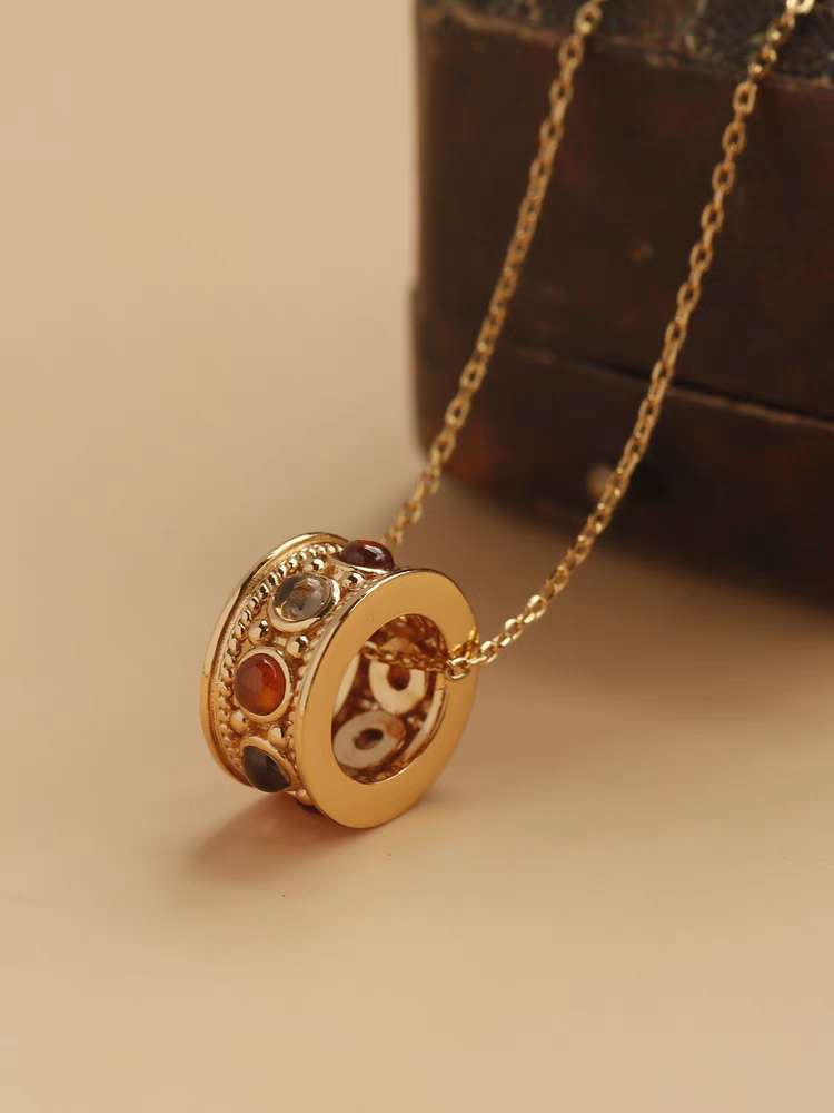 Kemstone Sunset Ferris Wheel Necklace – Spessartite Garnet & Smoky Quartz Pendant in Gold-Plated 925 Sterling Silver, Romantic Sunset-Inspired Jewelry