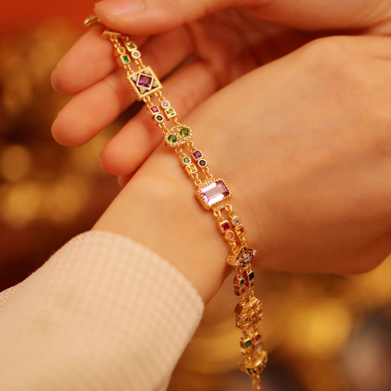 Pulsera Kemstone con piedras preciosas de inspiración victoriana: plata de ley 925, chapada en oro, diseño vintage de doble capa EMB-24519