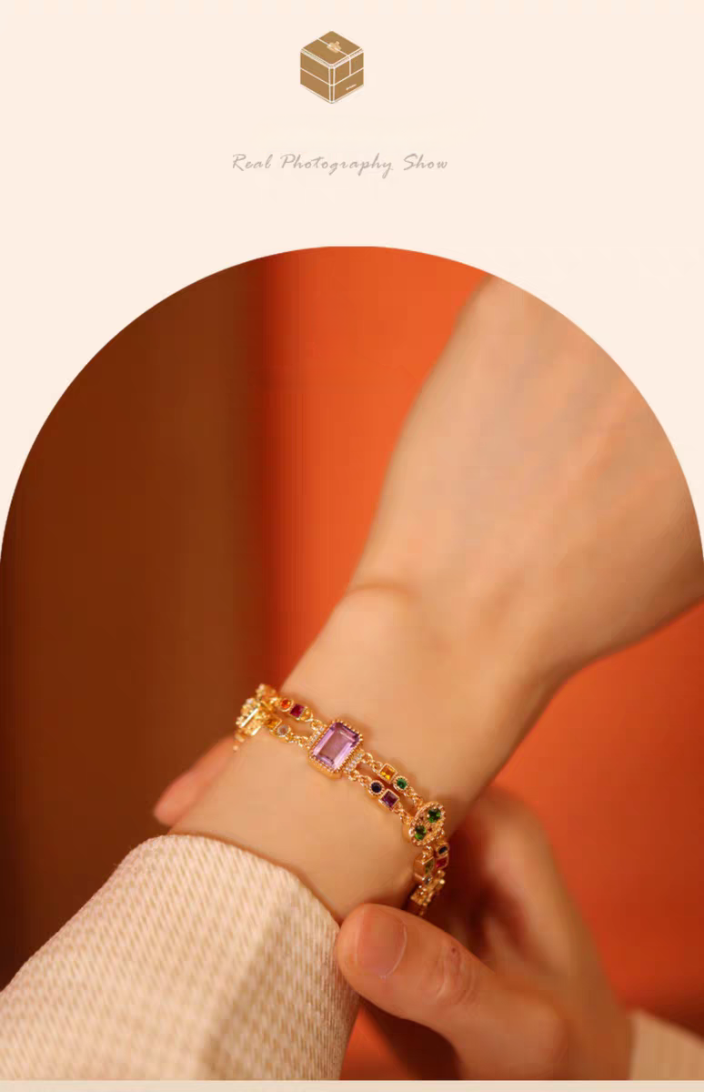 Pulsera Kemstone con piedras preciosas de inspiración victoriana: plata de ley 925, chapada en oro, diseño vintage de doble capa EMB-24519