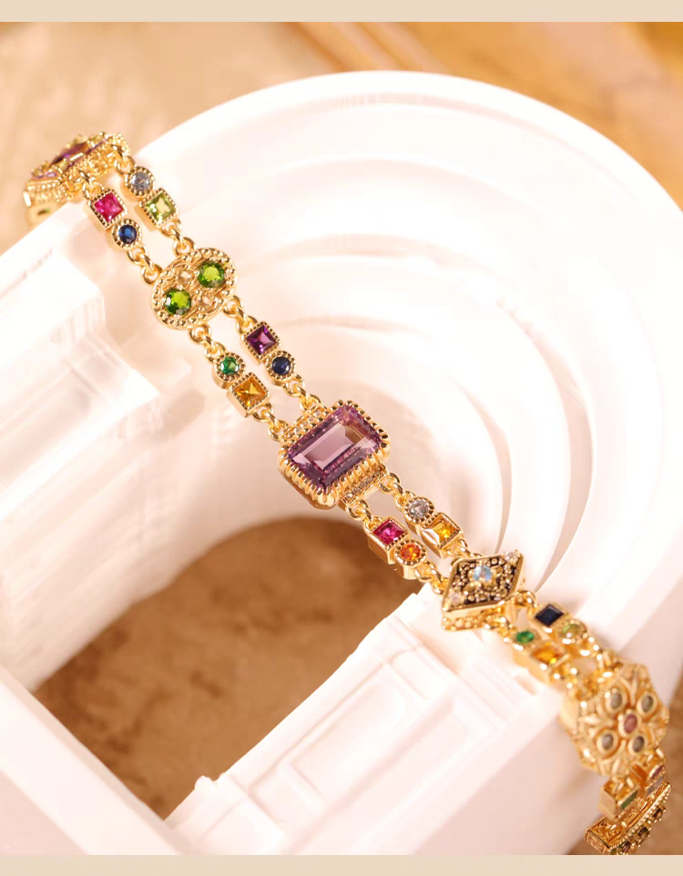 Pulsera Kemstone con piedras preciosas de inspiración victoriana: plata de ley 925, chapada en oro, diseño vintage de doble capa EMB-24519