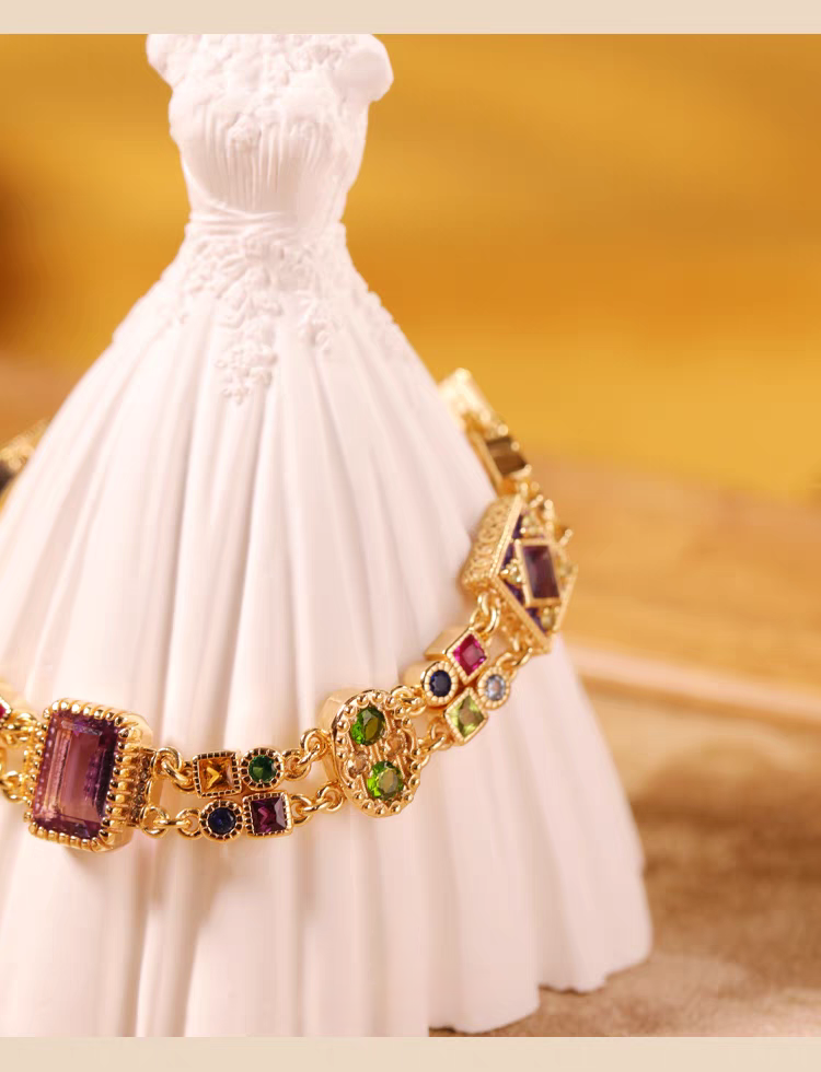Pulsera Kemstone con piedras preciosas de inspiración victoriana: plata de ley 925, chapada en oro, diseño vintage de doble capa EMB-24519