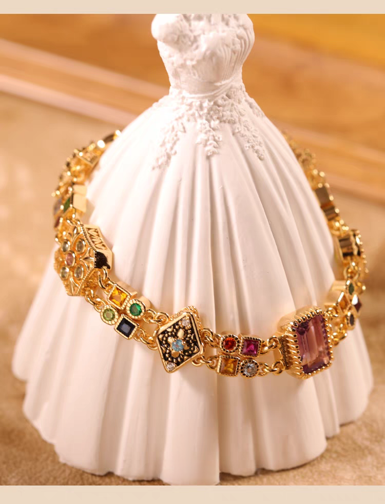 Pulsera Kemstone con piedras preciosas de inspiración victoriana: plata de ley 925, chapada en oro, diseño vintage de doble capa EMB-24519