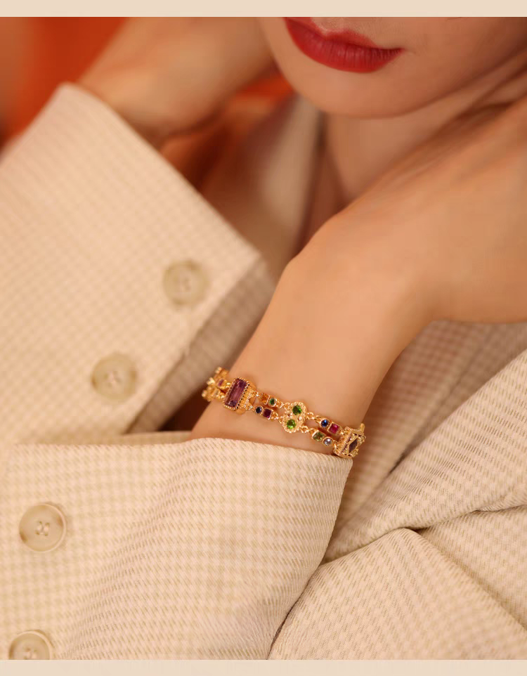 Pulsera Kemstone con piedras preciosas de inspiración victoriana: plata de ley 925, chapada en oro, diseño vintage de doble capa EMB-24519