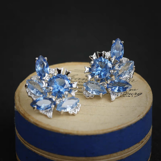 Kemstone Handcrafted Original Design Tidal Wave Earrings – Sterling Silver Gold-Plated Vintage Blue Marquise Gemstone Studs