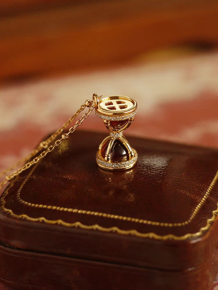 Kemstone Handcrafted Original Design "Settled in Time" Hourglass Necklace – 925 Sterling Silver Gold-Plated Garnet Pendant