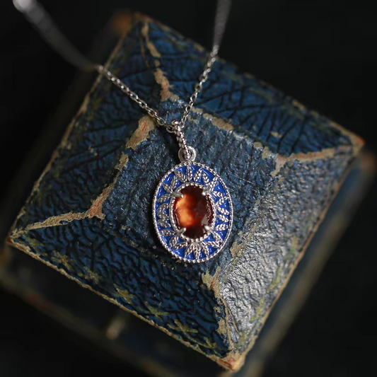 Kemstone Handcrafted Original Design Sunset Island Necklace – Vintage Medieval-Inspired Spessartite Garnet & Enamel Pendant on Sterling Silver Chain | Unique Gift Idea