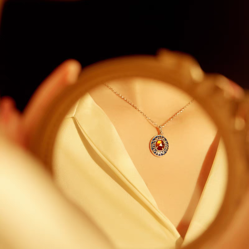 Kemstone Sunset Island Necklace | 925 Sterling Silver Spessartite Garnet & Enamel Pendant | Vintage Medieval Jewelry
