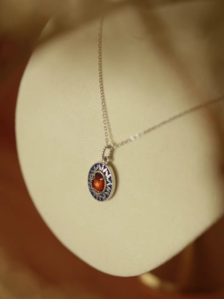 Kemstone Sunset Island Necklace | 925 Sterling Silver Spessartite Garnet & Enamel Pendant | Vintage Medieval Jewelry