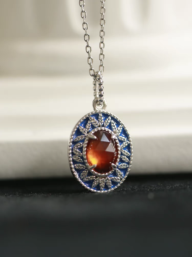 Kemstone Sunset Island Necklace | 925 Sterling Silver Spessartite Garnet & Enamel Pendant | Vintage Medieval Jewelry