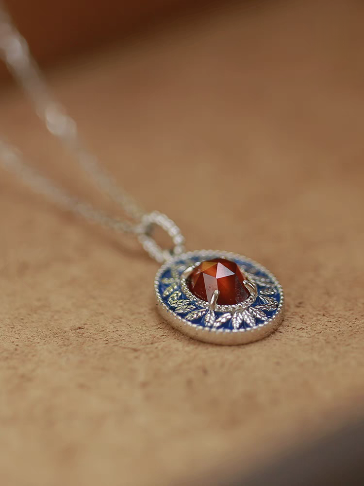 Kemstone Sunset Island Necklace | 925 Sterling Silver Spessartite Garnet & Enamel Pendant | Vintage Medieval Jewelry