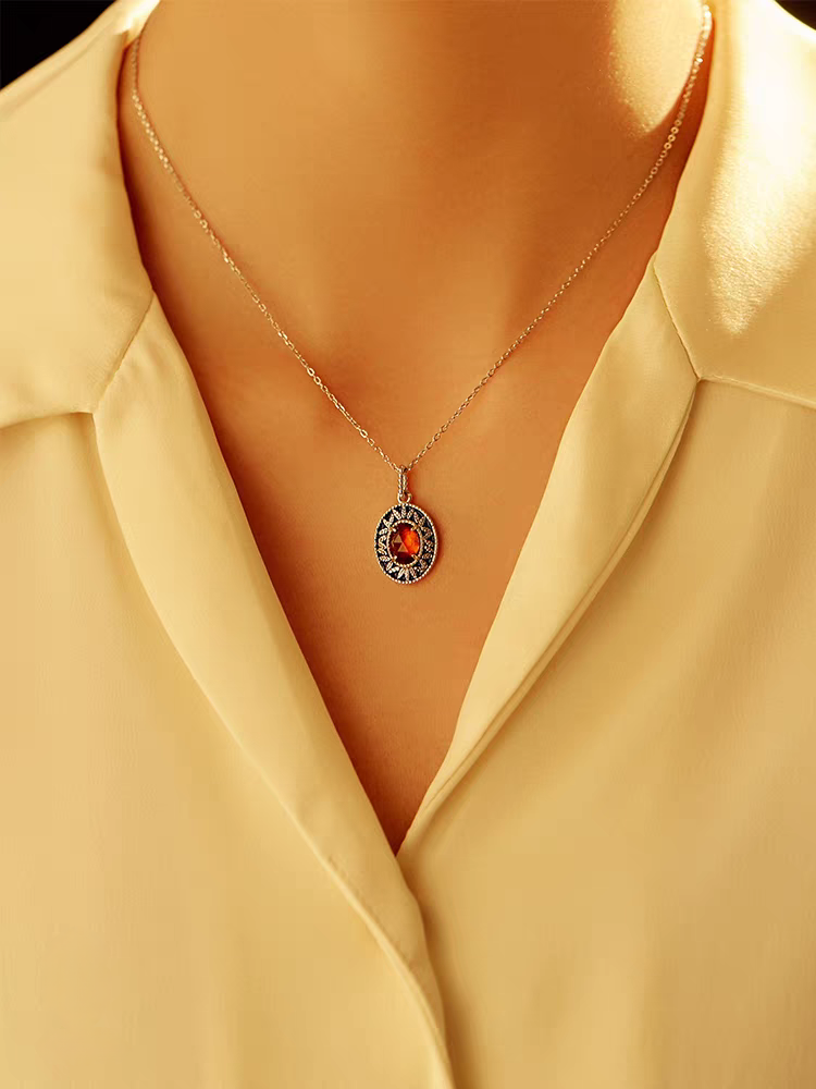 Kemstone Sunset Island Necklace | 925 Sterling Silver Spessartite Garnet & Enamel Pendant | Vintage Medieval Jewelry