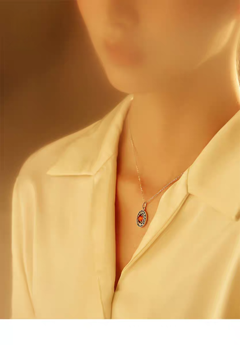 Kemstone Sunset Island Necklace | 925 Sterling Silver Spessartite Garnet & Enamel Pendant | Vintage Medieval Jewelry